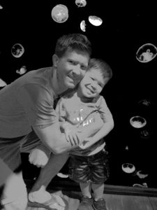 Jelly fish tank behind Jeff and Liam. You could change the color of the background of the tank with the push of a button, which Liam loved to do!