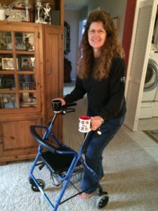 Taking coffee to Donnie with my left knee still bent, but HEY, I can walk at least a little bit!